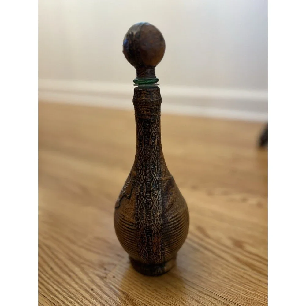 Italian Leather Wrapped Glass Decanter Wine Bottle Lion Pendant - EMPTY Vintage